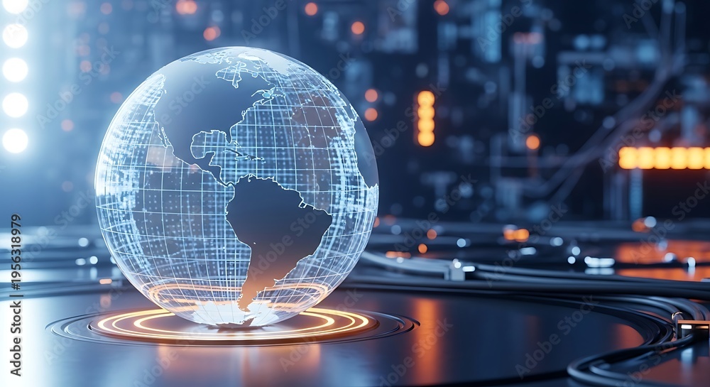 Fototapeta premium A futuristic glowing globe with a grid pattern on a dark background with wires