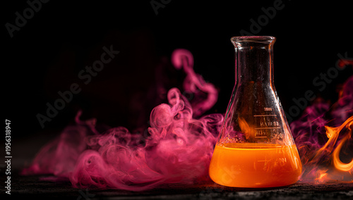 A flask containing vibrant orange liquid sits amidst colorful smoke and flames against a dark background, creating a science-themed composition