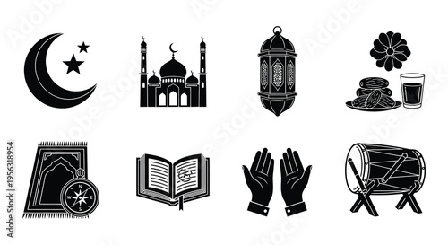 Islamic symbols and elements in a black and white icon set
