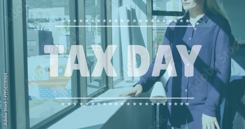 Animation of tax day text over caucasian businesswoman