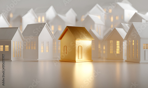 A golden house stands out among a row of white miniature houses with soft lighting, symbolizing real estate and dreams