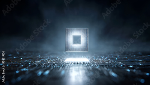 A luminous, glowing square hovers above a complex circuit board, hinting at advanced technology with a dark, atmospheric backdrop