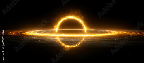 A mesmerizing visualization of a celestial phenomenon. It features a glowing, golden ring set against a deep black background, encircled by an orbital disk