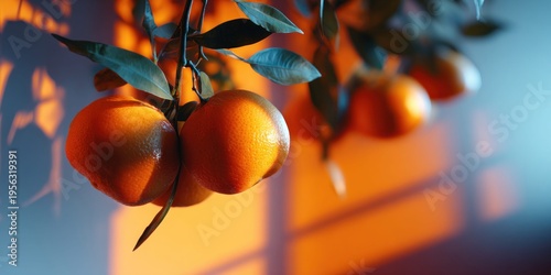 Close-up of ripe oranges hanging from a branch with dramatic lighting and shadows