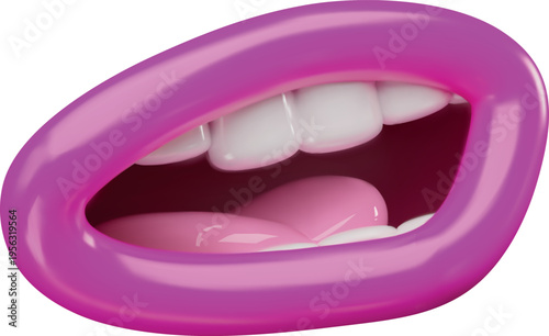Smile mouth expression, vector 3D cartoon comic funny cheerful character open talking mouth, pink lips, teeth and tongue
