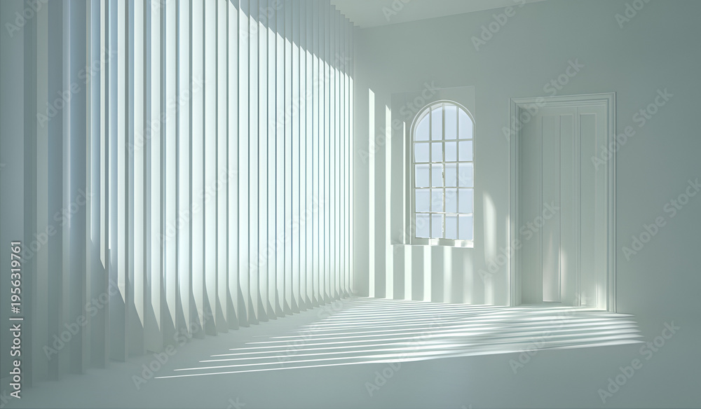 Fototapeta premium A stark white interior space features strong linear shadows cast across walls and floors from an arched window, creating a minimalist effect