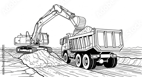 Excavator Loading Dump Truck with Soil on Construction Site.