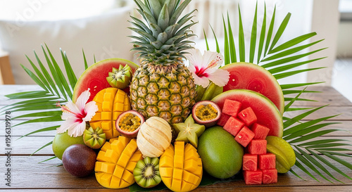 Tropical fruit arrangement with pineapple.