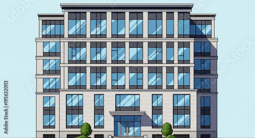 Modern Office Building with Glass Windows and Stone Facade.