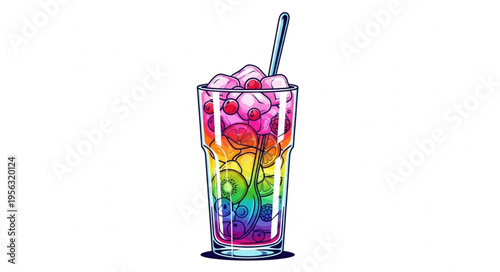 Colorful Rainbow Cocktail with Ice and Spoon Illustration.