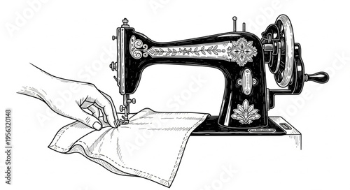 Vintage Sewing Machine in Operation with Hand Guiding Fabric.