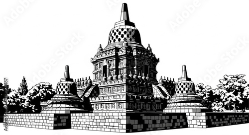 Detailed depiction of Borobudur Temple, showcasing its architectural grandeur and intricate design.