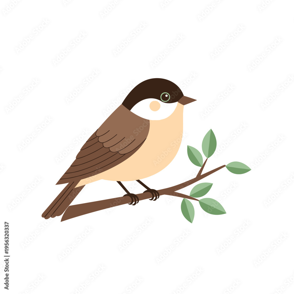 Fototapeta premium Cute Chickadee Bird Sitting on a Tree Branch with Green Leaves, Isolated on White Background