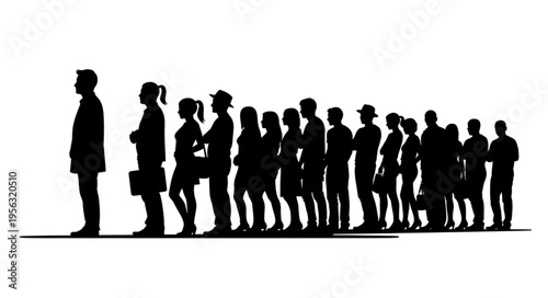 Silhouette of a Long Line of People Waiting.