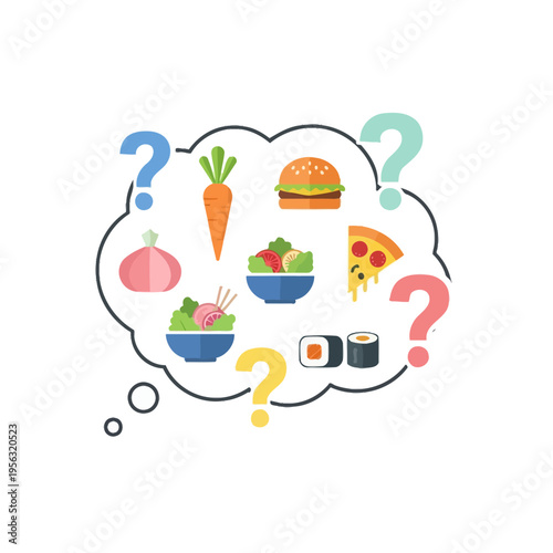 Food choice dilemma: healthy vs junk food, thinking bubble with questions