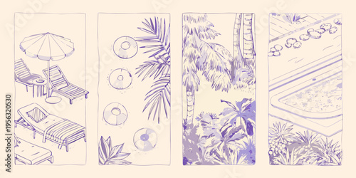 A series of sketched panels depicting summer vacation elements