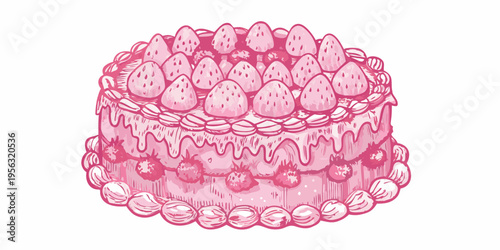 A delightful pink layered cake generously decorated with fresh strawberries