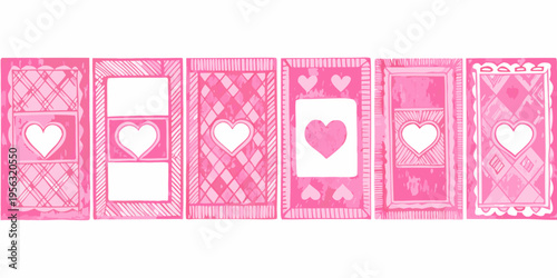 A row of five pink watercolor bookmarks with heart motifs
