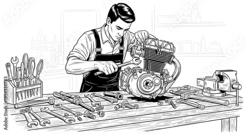 Mechanic meticulously repairs engine with tools on workbench.
