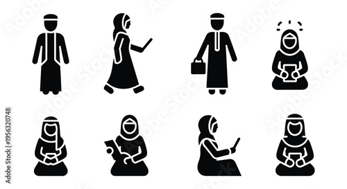 Black silhouettes depicting diverse muslim people in various poses