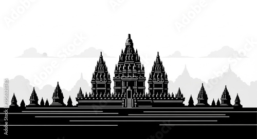 Prambanan Temple Silhouette - A Majestic Architectural Icon in Black and White.