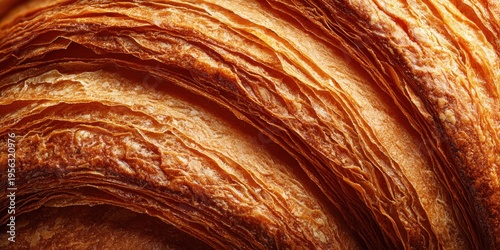 Extreme close-up macro shot of flaky, golden-brown croissant layers showing intricate textures and details