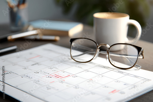 Close-up view of eyeglasses resting on a calendar with a coffee cup and office supplies on a workspace. A soft sunlight is present