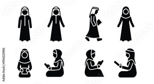 Black silhouettes depicting diverse muslim people in various poses