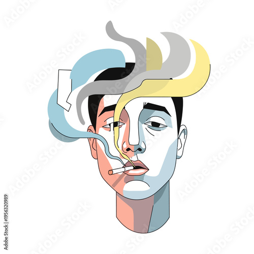 Man's Head with Smoking Cigarette and Abstract Smoke Swirls