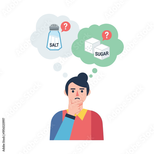 Person contemplating choice between salt and sugar, healthy eating dilemma