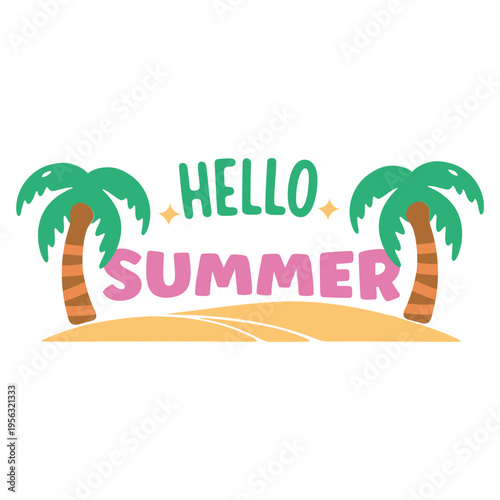 A colorful vector graphic illustration of a tropical beach scene with palm trees and the words 'Hello Summer'