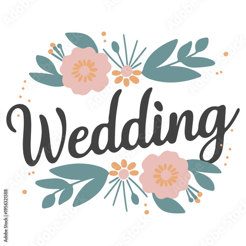 A beautiful floral wedding logo with pink flowers and green leaves on a white background
