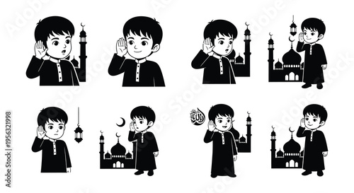 Black and white illustration of muslim boys with islamic architecture