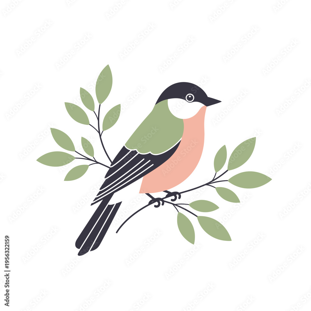 Obraz premium Charming Bullfinch Bird Perched on a Twig with Green Leaves, Flat Design Illustration