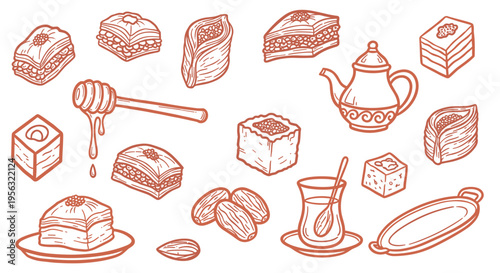 Assortment of Delicious Middle Eastern Desserts and Turkish Tea Set with Honey and Dates