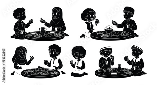 A group of people some wearing traditional clothing sharing a meal together