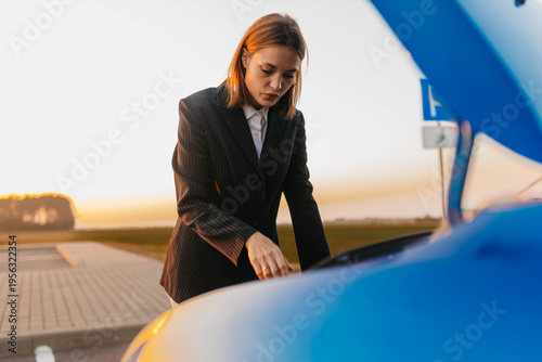A female driver with an open hood in a parking lot, a car breakdown on the road in summer
