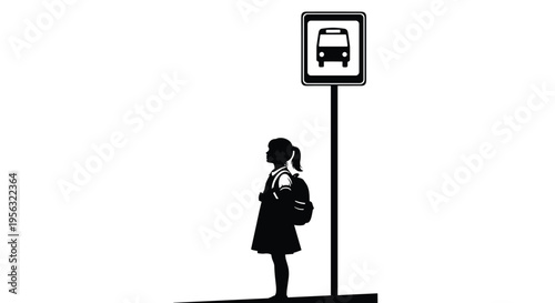 Silhouette of girl standing next to bus stop sign black white