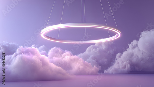Surreal digital art of a glowing circular light fixture suspended above fluffy clouds in a lavender colored atmosphere