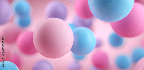 Soft, pastel-colored spheres float against a blurred backdrop, creating a whimsical and dreamy composition. Various sizes and colors intermingle