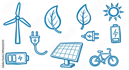 Sustainable energy concept with wind turbine solar panel battery and bicycle for eco friendly lifestyle and green power generation