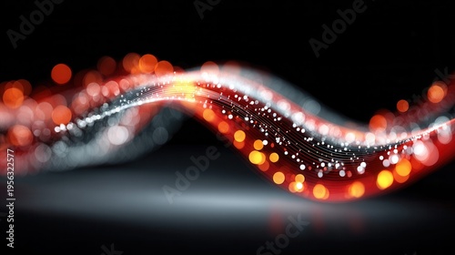Abstract flowing red and white light streaks with bokeh on a dark background