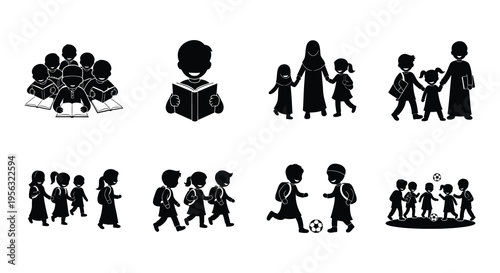 Black and white icons depicting diverse groups of children engaging in activities