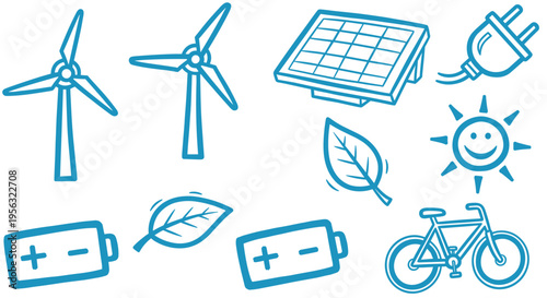 Sustainable energy sources and eco friendly transport icons solar panels wind turbines bicycle battery and plug