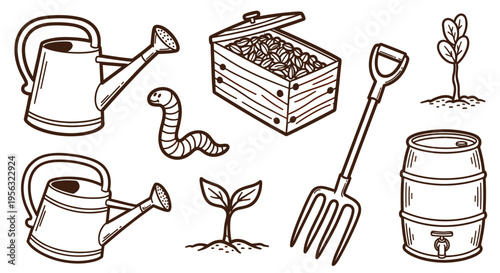 Gardening tools and supplies for planting and nurturing plants and vegetables in a garden or farm setting