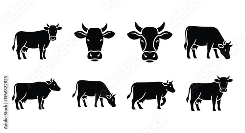 Black silhouettes of various cows in different poses and perspectives