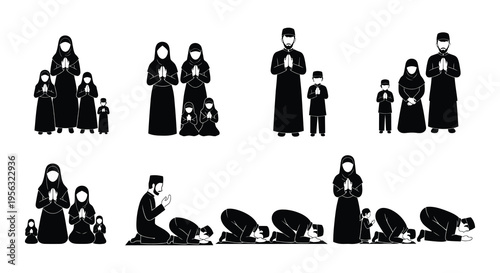 Black silhouettes of muslim families praying together in various poses