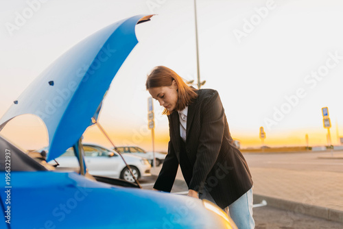 A female driver with an open hood in a parking lot, a car breakdown on the road in summer