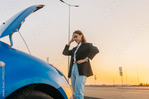 A female driver with an open hood in a parking lot, a car breakdown on the road in summer