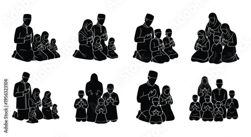 Black silhouettes of muslim families praying together in various poses